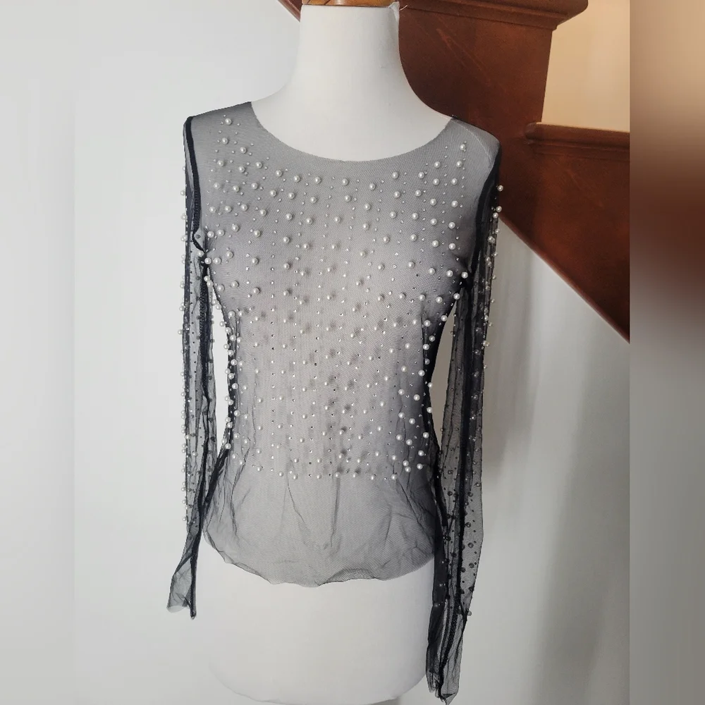 Mesh Sheer Black with Pearl Embelished Long Sleeve Blouse Top Size S - Picture 1 of 3